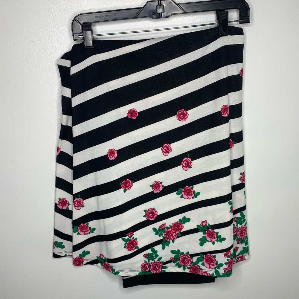 LuLaRoe Black and White Striped Maxi Skirt with Pink Floral